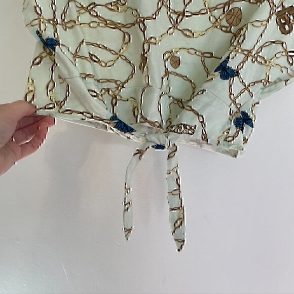 GUESS Dolly Bow Tee / All Over Print T-Shirt Chain Butterfly Tie Knot Crop Top - Picture 6 of 12